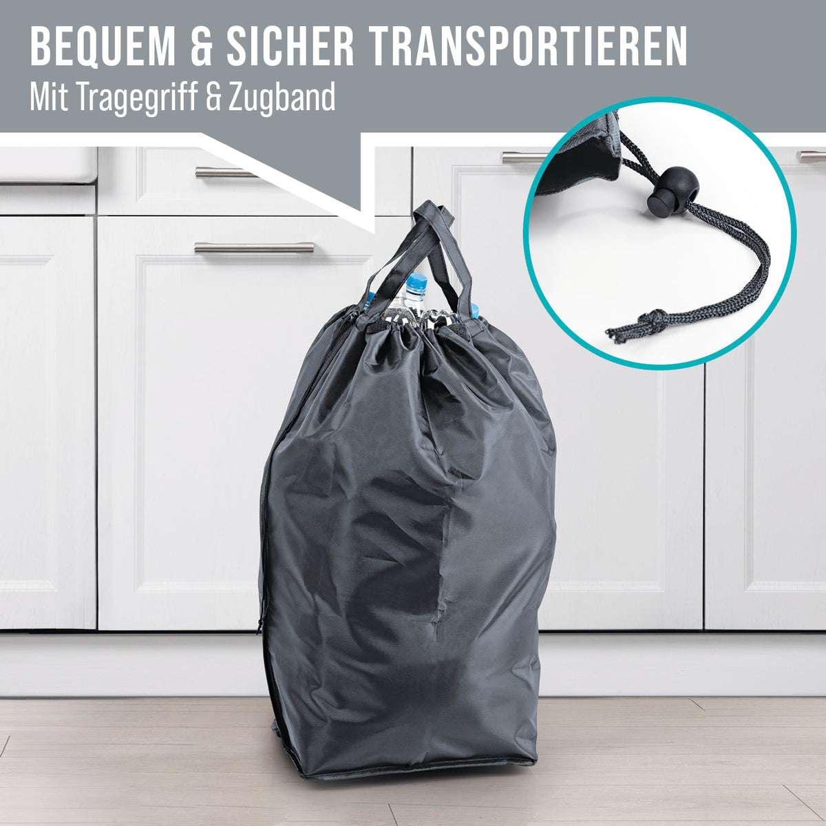 Pfandflaschen-Sammelbehälter - Anthrazit mit wasserabweisender Tragetasche, Tragegriff und Zugband für sicheren Transport.