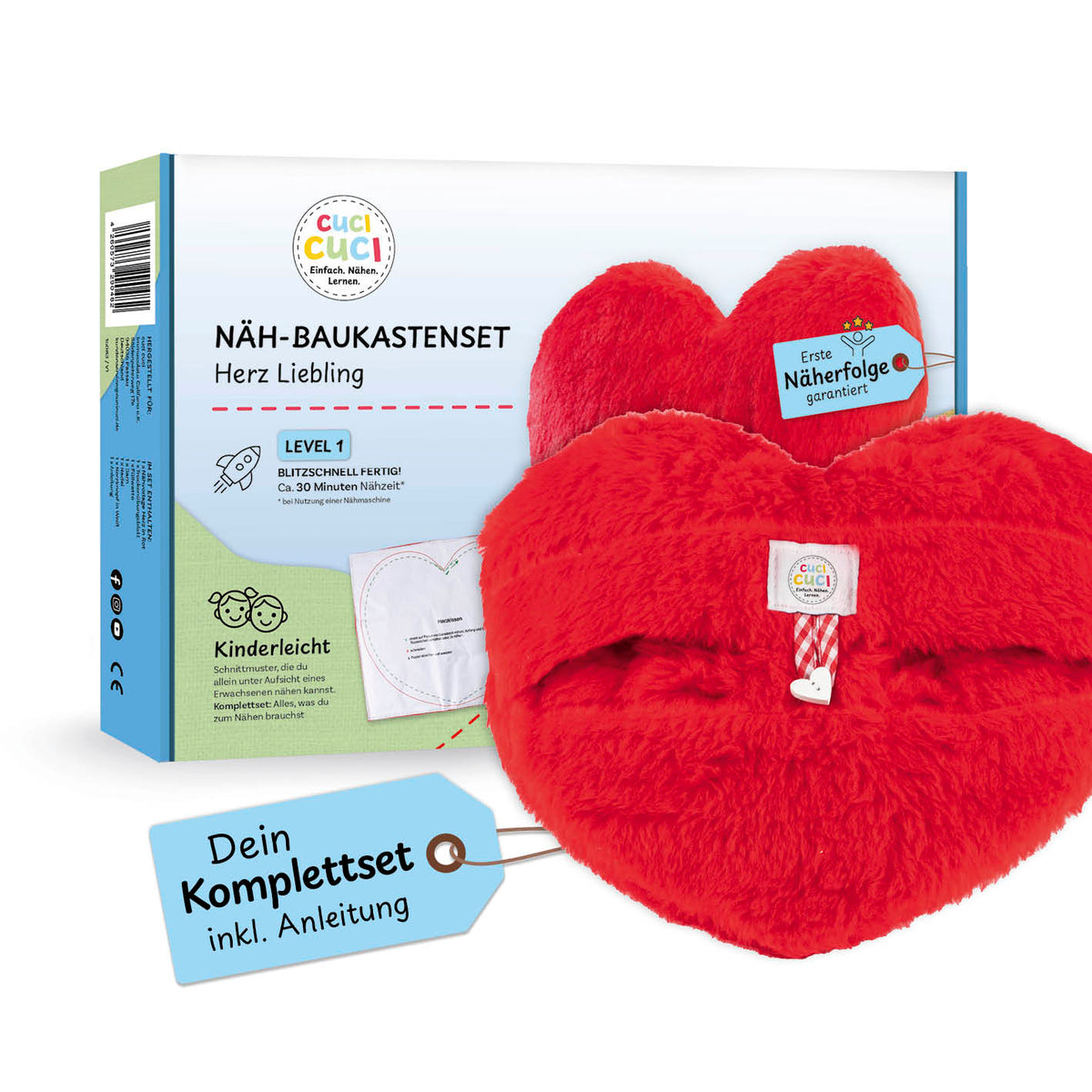 Näh-Baukastenset - 4 Motive Alpaka, Herz, Einhorn & Pferd mit Herz Motiv, Komplettset für Kinder zum Nähen lernen Level 1 leicht.