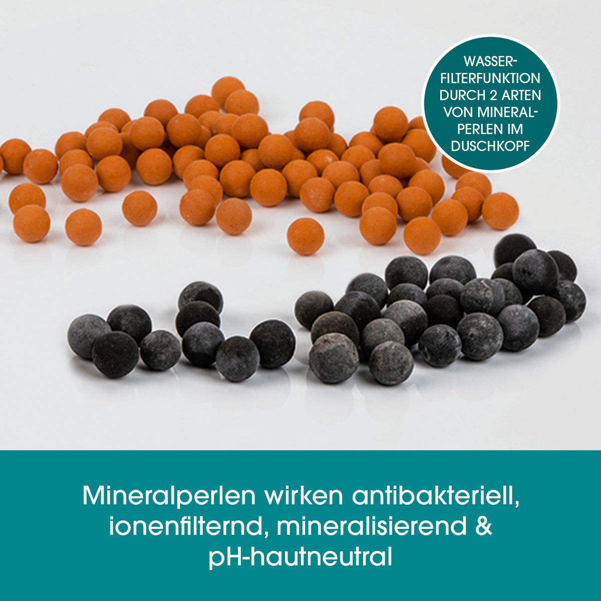 Duschkopf LED-Farbwechsel 6cm mit Mineralkugeln zeigt antibakterielle, mineralisierende Mineralperlen in Orange und Schwarz für Wasserfilterfunktion.