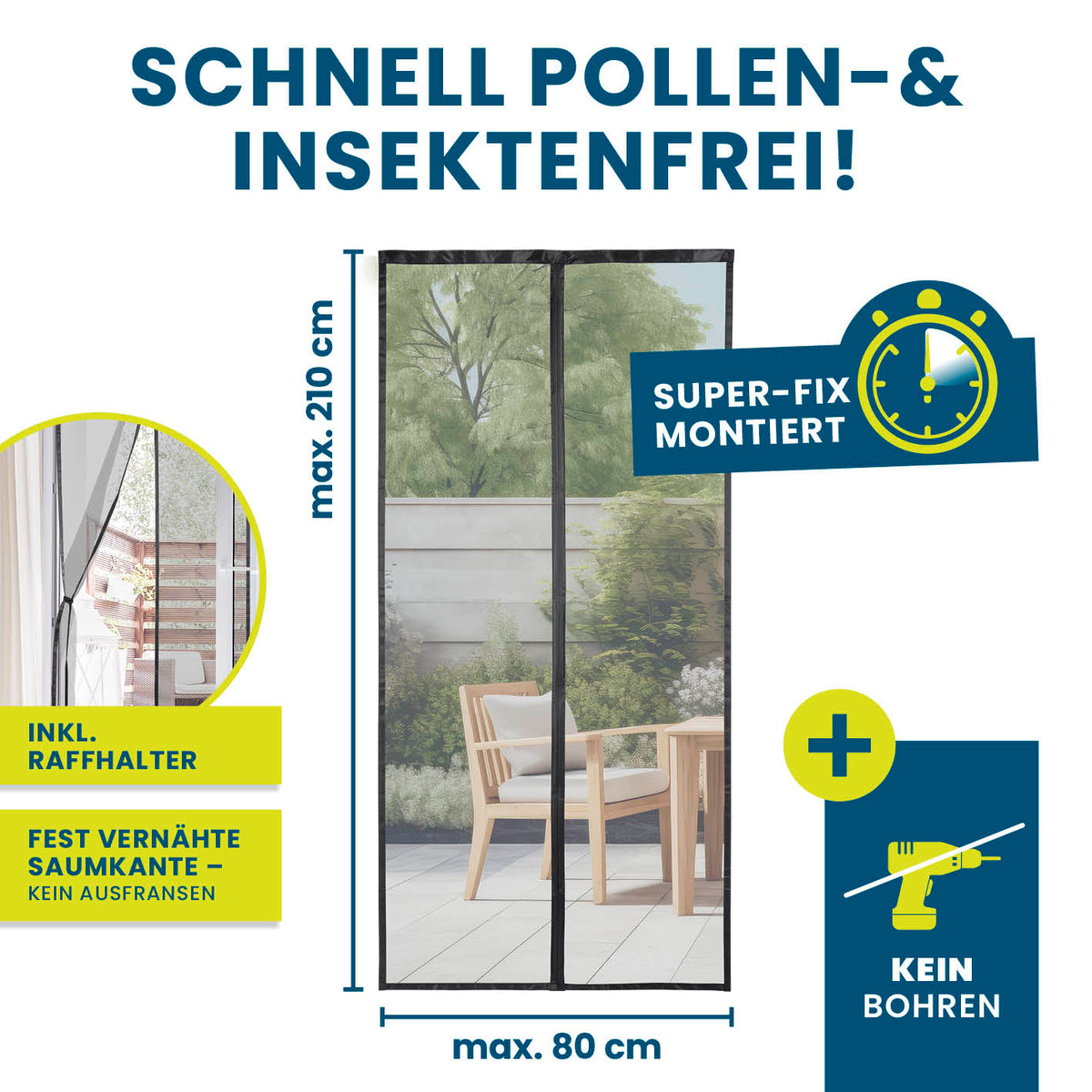 Insekten- & Pollenschutzvorhang – 80 x 210 cm, mit selbstklebendem Klettband, schützt effektiv vor Insekten und Pollen.