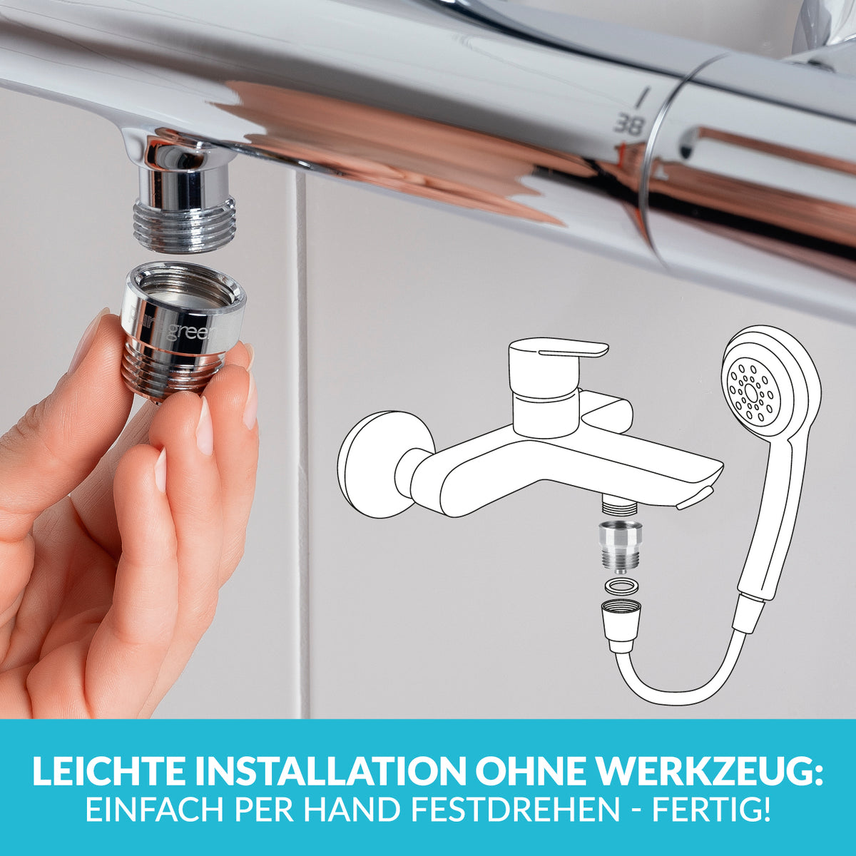 Wassersparer für die Dusche in chromfarben, einfache Montage ohne Werkzeug, spart bis zu 50 Prozent Wasser bei konstantem Strahl.