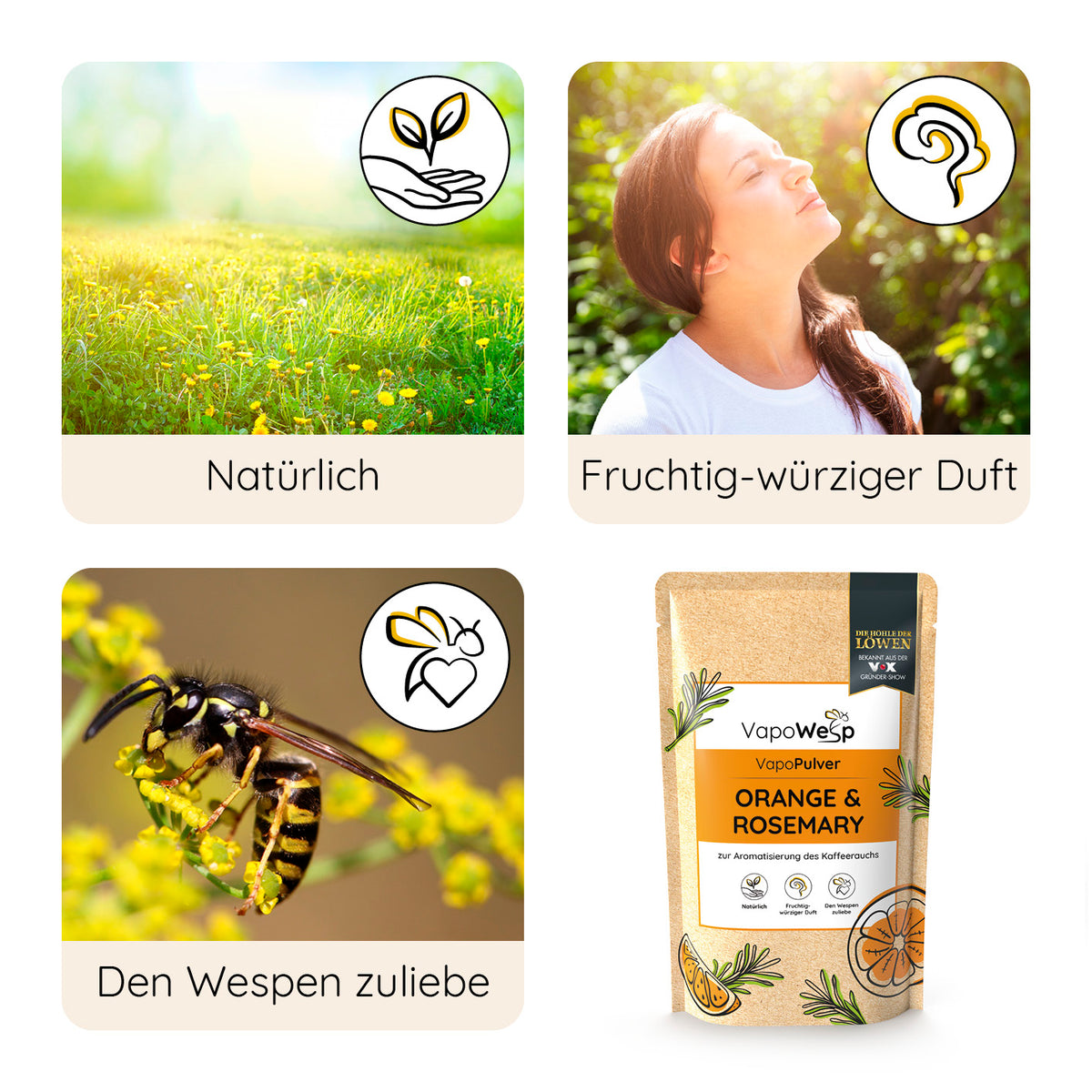 Pulver 3er-Set Orange & Rosemary (3x je 100 g) mit aromatischem Duft aus Orange und Rosmarin für VapoWesp Räucherbox.