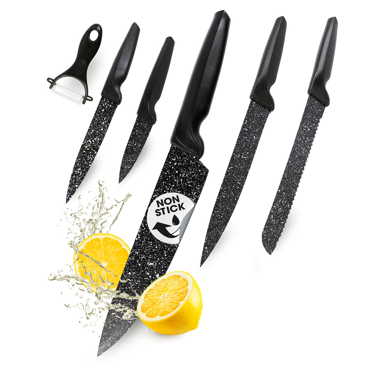 Messerset inkl. Sparschäler - 6-tlg. mit Antihaftbeschichtung, modernes Design, vielseitig für alle Küchen-Schneidarbeiten.