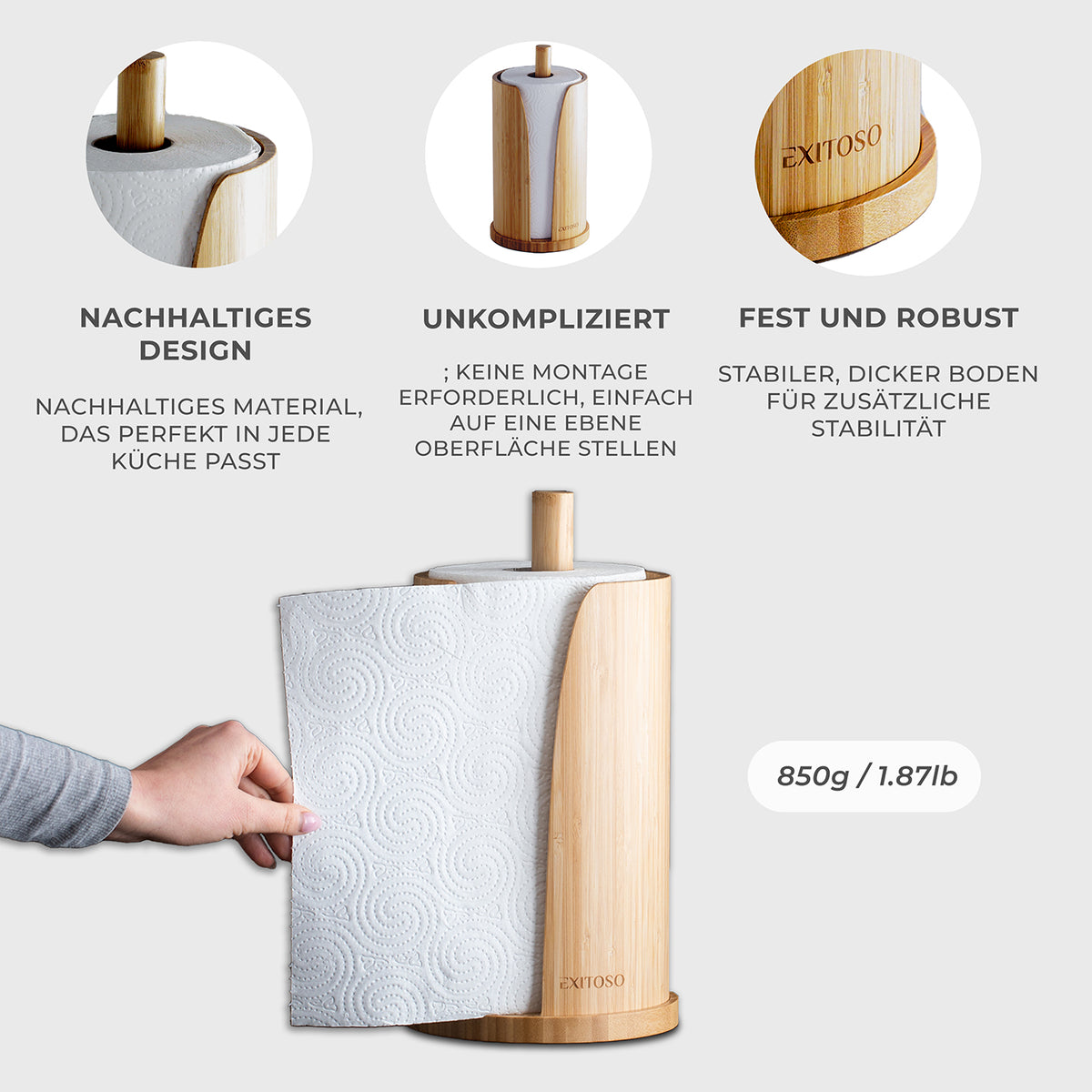 Küchenrollenhalter - Bambus - stehend, nachhaltiges Design, robust, platzsparend und umweltfreundlich aus Bambus für Küche und Bad.