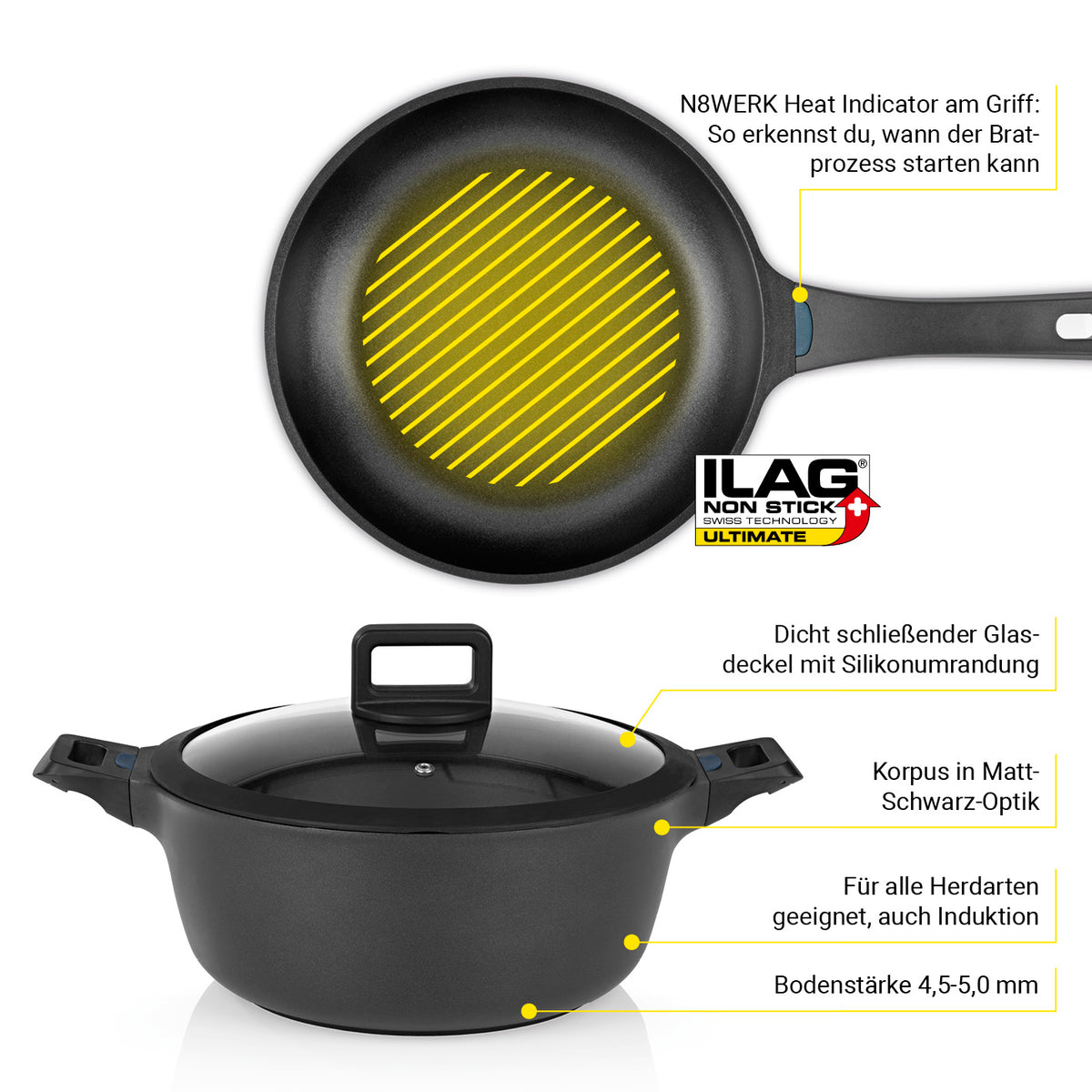 Aluguss-Topf- und Pfannen-Set - 11-teilig mit N8WERK Heat Indicator, Ilag Ultimate Antihaftbeschichtung, für alle Herdarten geeignet.