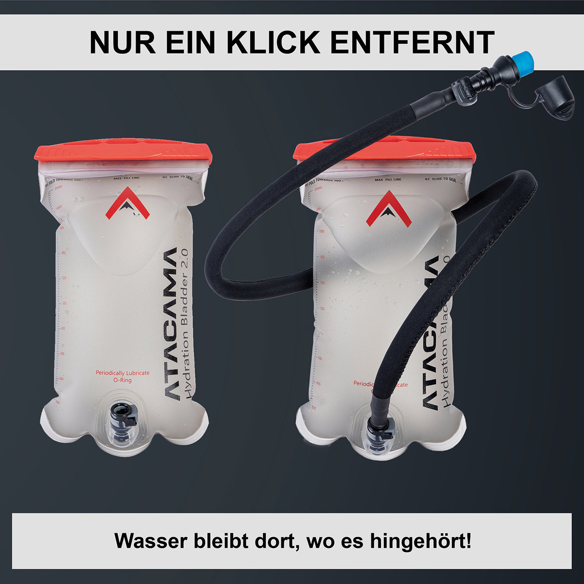 Trinkblase 2 Liter für Trinksystem mit 1m isoliertem Schlauch, auslaufsicherem Verschluss und XL Öffnung für einfache Reinigung und Befüllung.