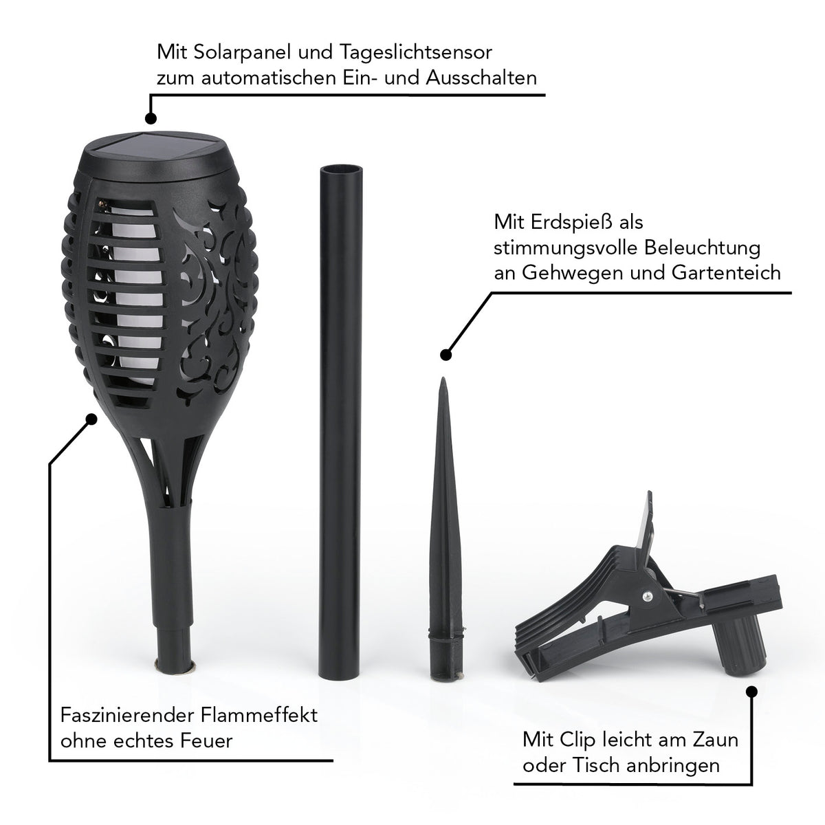 Solar-Fackel LED mit Erdspieß und Clip - 2er-Set mit Flammeneffekt, wetterbeständig, mit Tageslichtsensor für automatische Beleuchtung.