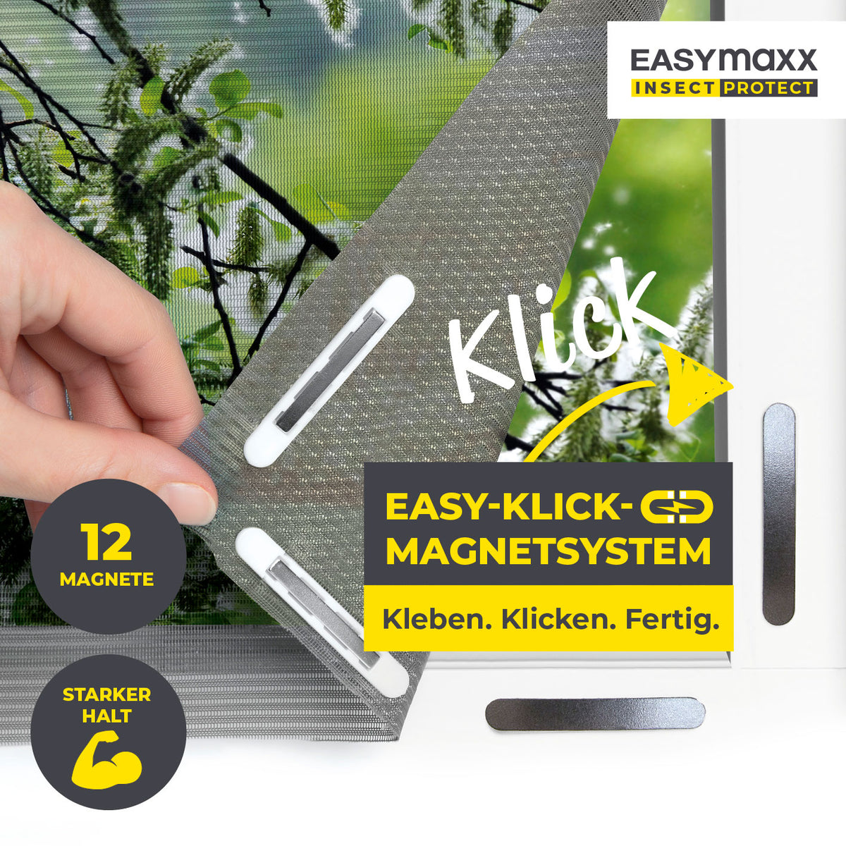 Insekten- & Pollenschutzgitter mit Magnetbefestigung - 2er-Set mit 12 Magneten für einfache, bohrfreie Montage und starken Halt am Fensterrahmen.