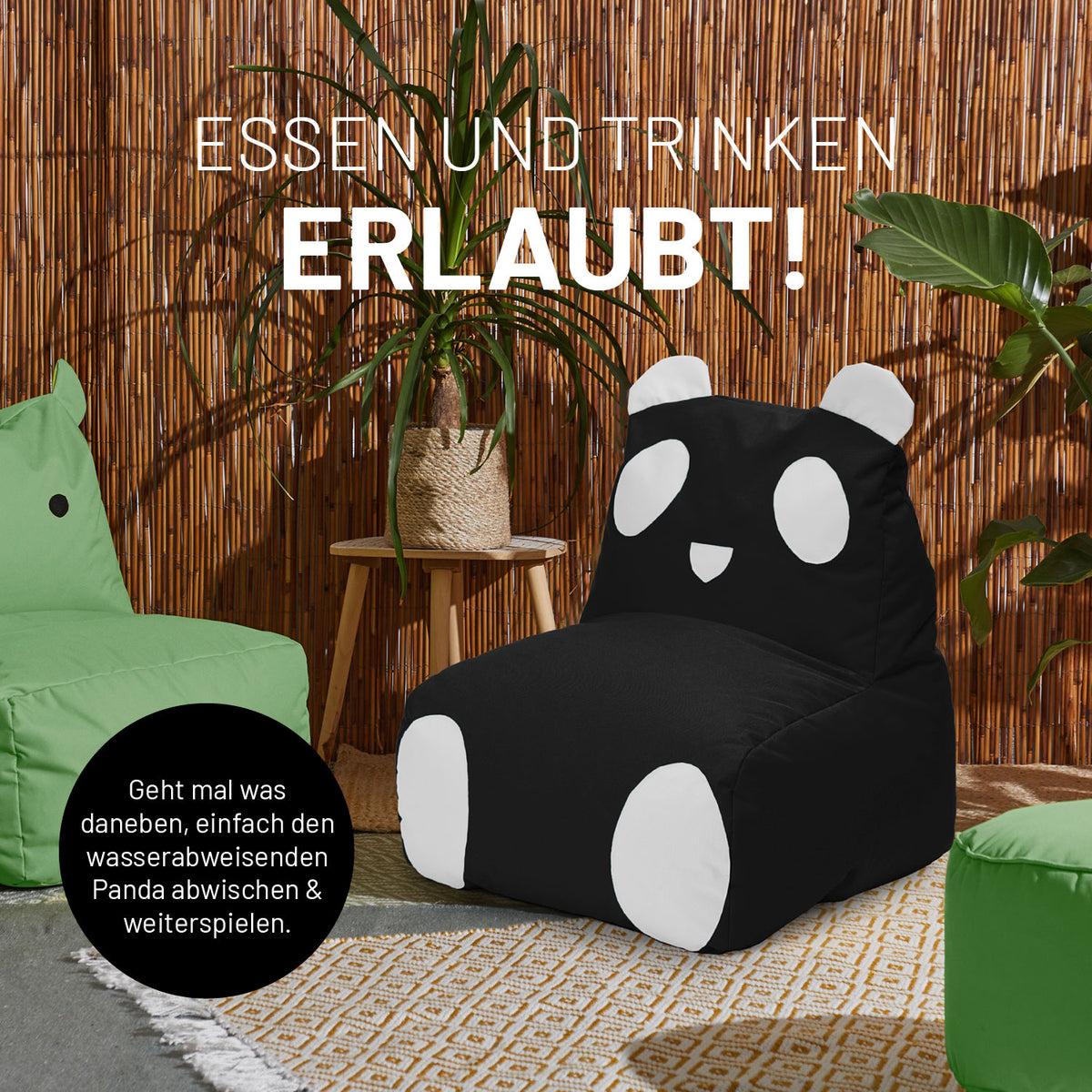 Kindersitzsack Animal Line Panda (180 L) schwarz/weiß, wasserabweisend, weich, ideal für drinnen und draußen, pflegeleicht und robust.