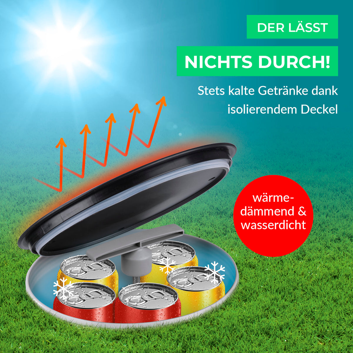 Outdoor-Flaschenkühler mit isolierendem Deckel, der Getränke im Erdloch kalt und vor Hitze geschützt hält, ideal für draußen und Gartenpartys.