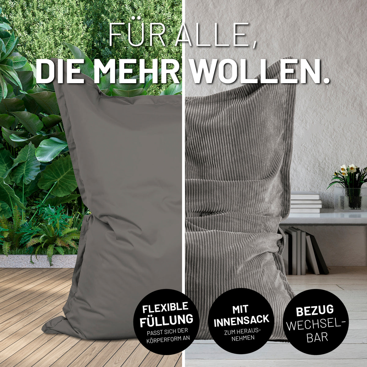 Sitzsack Classic XXL All-in-One Set - 380 L - 140 x 180 cm - Grau mit Indoor- und Outdoor-Bezug und flexiblem Innensack.