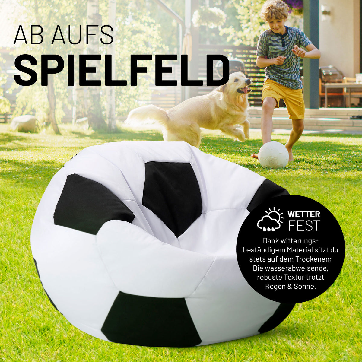 Luxury Fußball Sitzsack (170 L) aus wetterfestem Material, ideal zum Relaxen drinnen und draußen, mit hochwertiger EPS-Füllung.