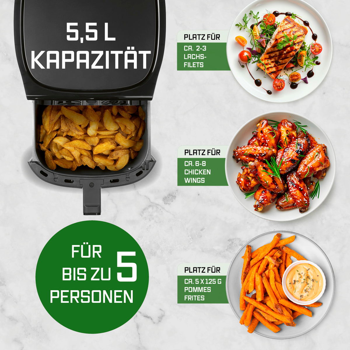 Heißluftfritteuse - 5,5 Liter mit 5,5L Kapazität, ideal für bis zu 5 Personen, perfekt für Pommes, Chicken Wings und Lachsfilets.
