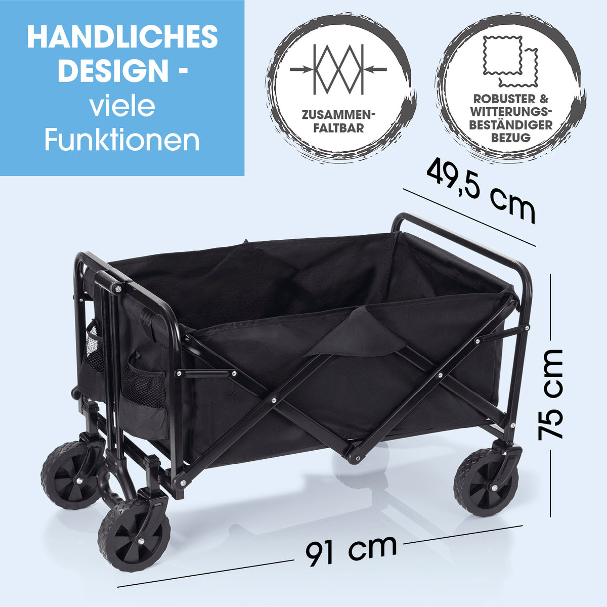 Bollerwagen mit kleinen Rädern - faltbar, stabiler Stahlrahmen, witterungsbeständiger Bezug, 360° drehbare Vorderräder, faltbar, 80 kg Tragfähigkeit.