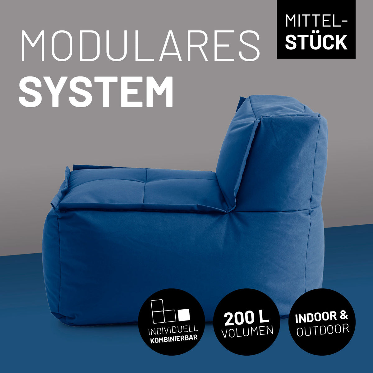 Sitzsack-Sofa Mittelstück (200 L) in Navyblau, modulares System, indoor & outdoor, extrastark mit 200 L Volumen und stabilem Reißverschluss.