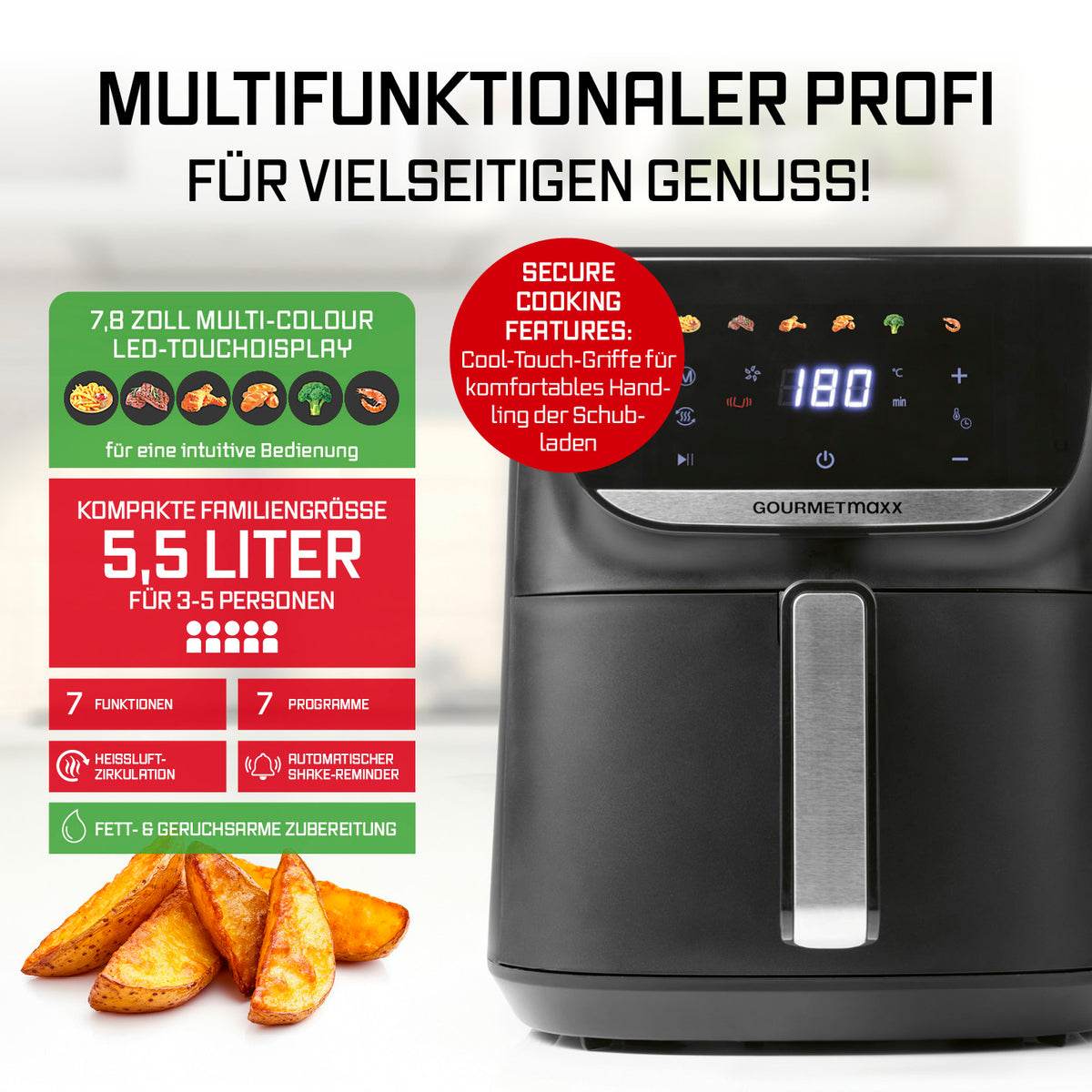 Heißluftfritteuse - 5,5 Liter mit 7,8 Zoll LED-Touchdisplay, 7 Funktionen, 1700W, fettarm für 3-5 Personen.