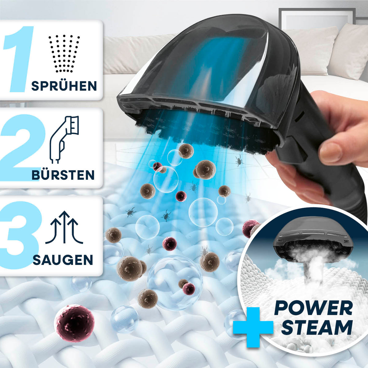 Polster- & Teppichreiniger Pro Steam mit Sprüh-, Bürst- und Saugfunktion sowie Power Steam für gründliche Reinigung und Desinfektion.