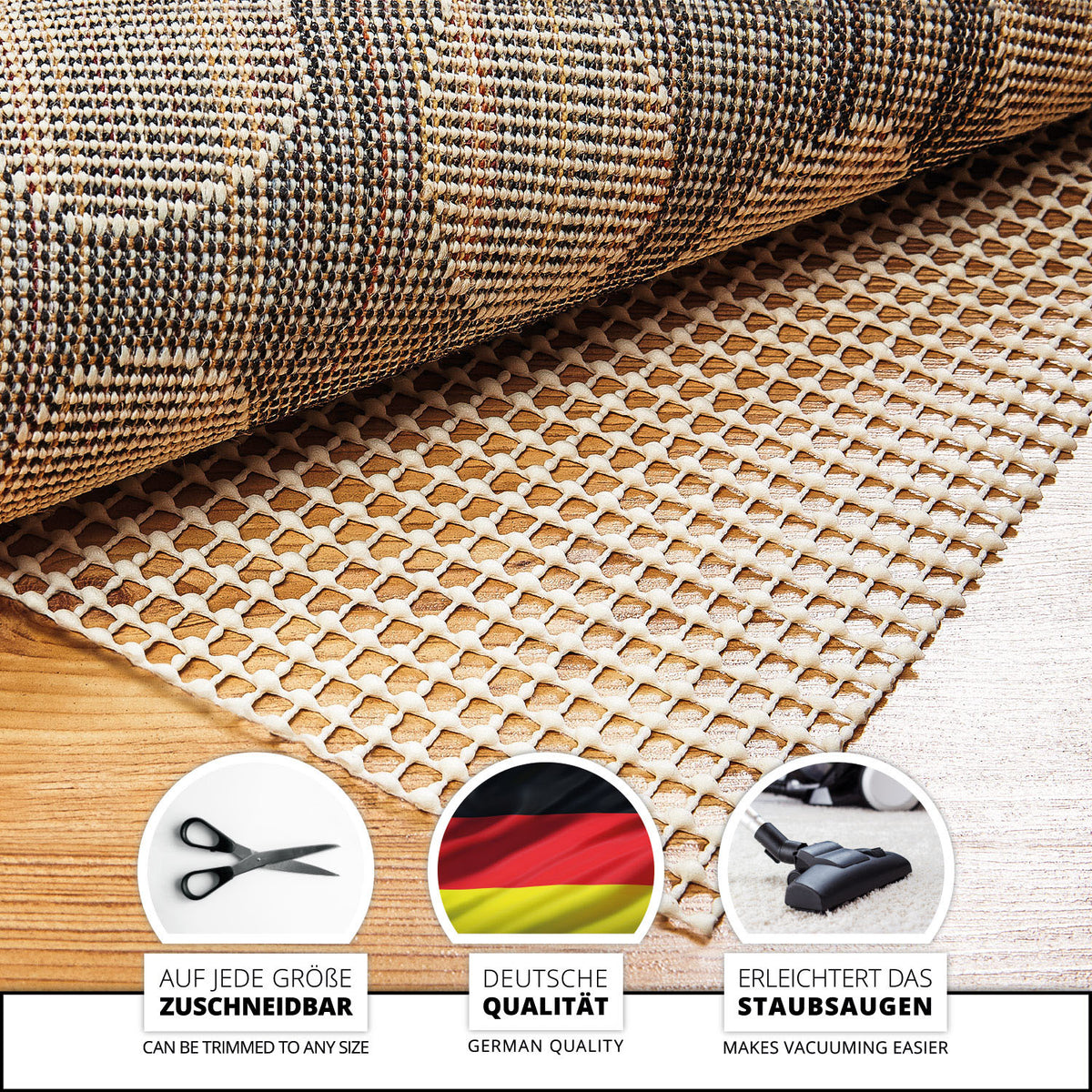 Teppichunterlage Antirutschmatte 120 x 180 cm - Zuschneidbar & Atmungsaktiv, formstabil und rutschfest für glatte Böden.