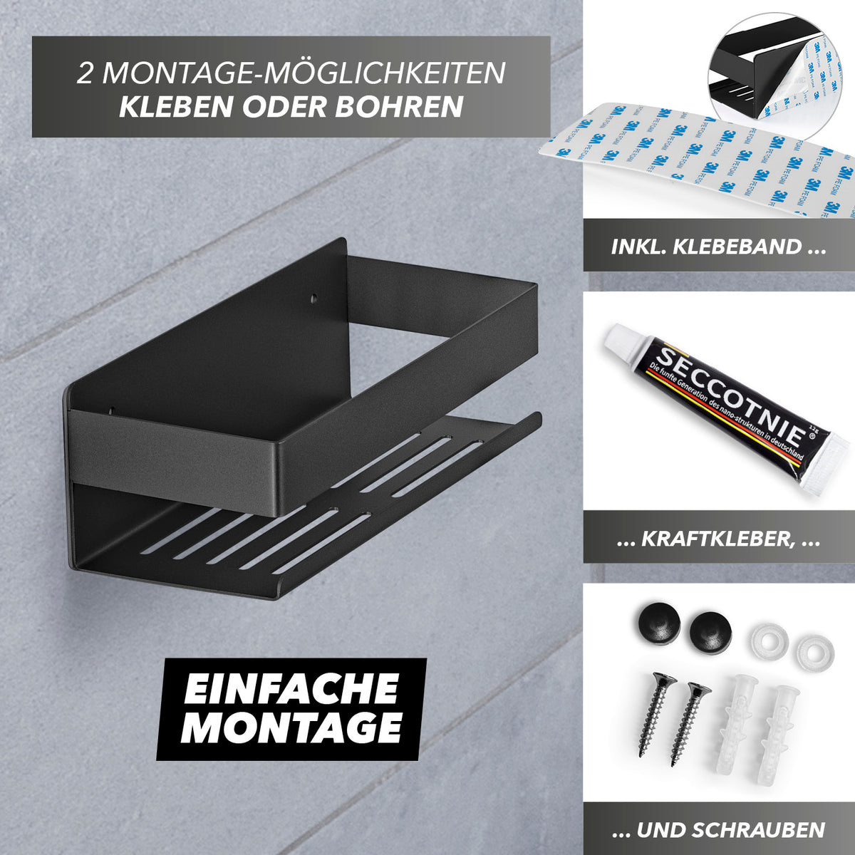 Dusch-Organizer zum Kleben oder Bohren - Schwarz, mit Edelstahl, Wasserrillen, Hakenleiste und Montagezubehör für einfache Installation.