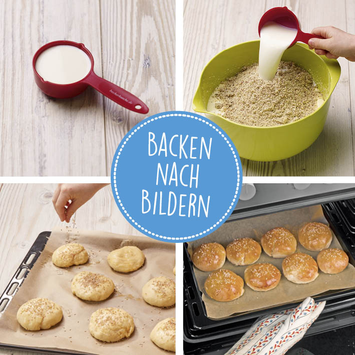 Rezeptbuch inkl. Messbecher-Set - Band 5 - Ofen-Rezepte für die ganze Familie (DIN-A5) Kochschritte mit Messbecher gezeigt.