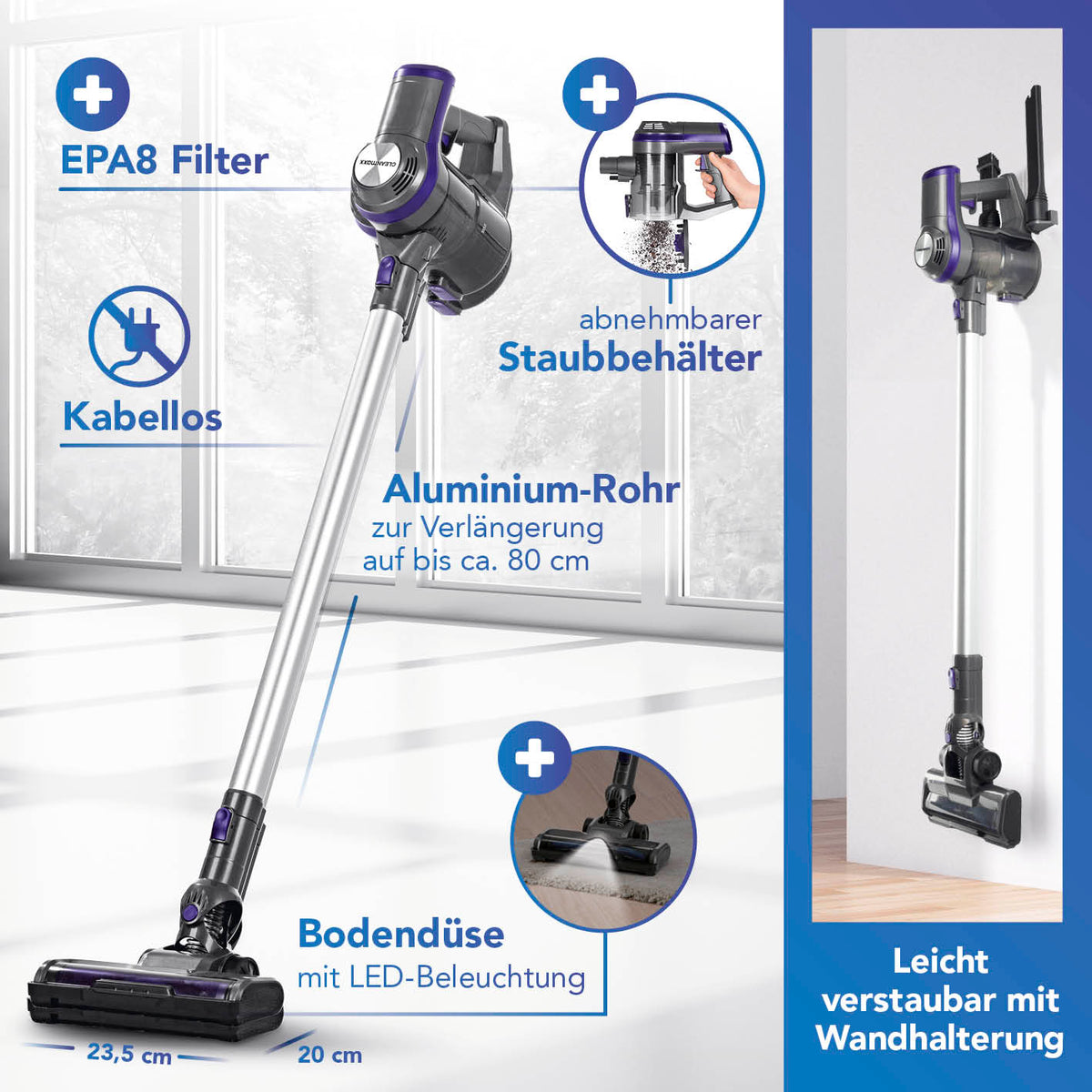 Akku-Zyklon-Staubsauger anthrazit/lila mit kabellosem Handstaubsauger, LED-Bodendüse, abnehmbarem Staubbehälter und Wandhalterung.