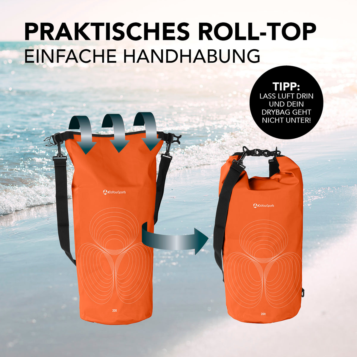 Dry Bag 20L - Orange mit praktischem Rolltop-Verschluss, robust und wasserdicht für Outdoor-Abenteuer und sicheren Schutz deiner Wertsachen.