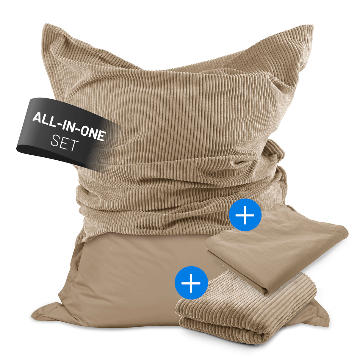 Sitzsack Classic XXL All-in-One Set beige mit 380 L Füllung, Indoor Cord- und wetterfester Outdoor-Hülle, 140 x 180 cm groß
