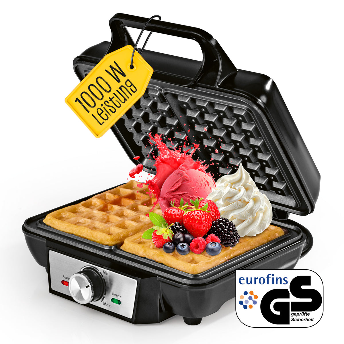 Waffeleisen für Belgische Waffeln mit Heizelementen oben und unten, stufenlosem Thermostat und antihaftbeschichteten Platten.