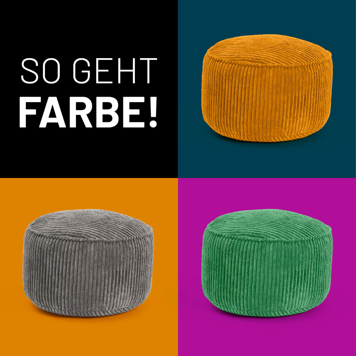 Sitzsack Pouf aus der Cord-Reihe - Dunkelgrün mit geripptem Stoff, vielseitig als Hocker, Schemel oder Ablage nutzbar.