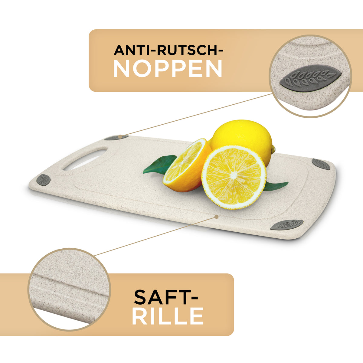 Schneidebrett aus PP-Material & Weizenstroh - Beige mit Anti-Rutsch-Noppen und Saftrille für sicheres Schneiden von Obst und Gemüse.
