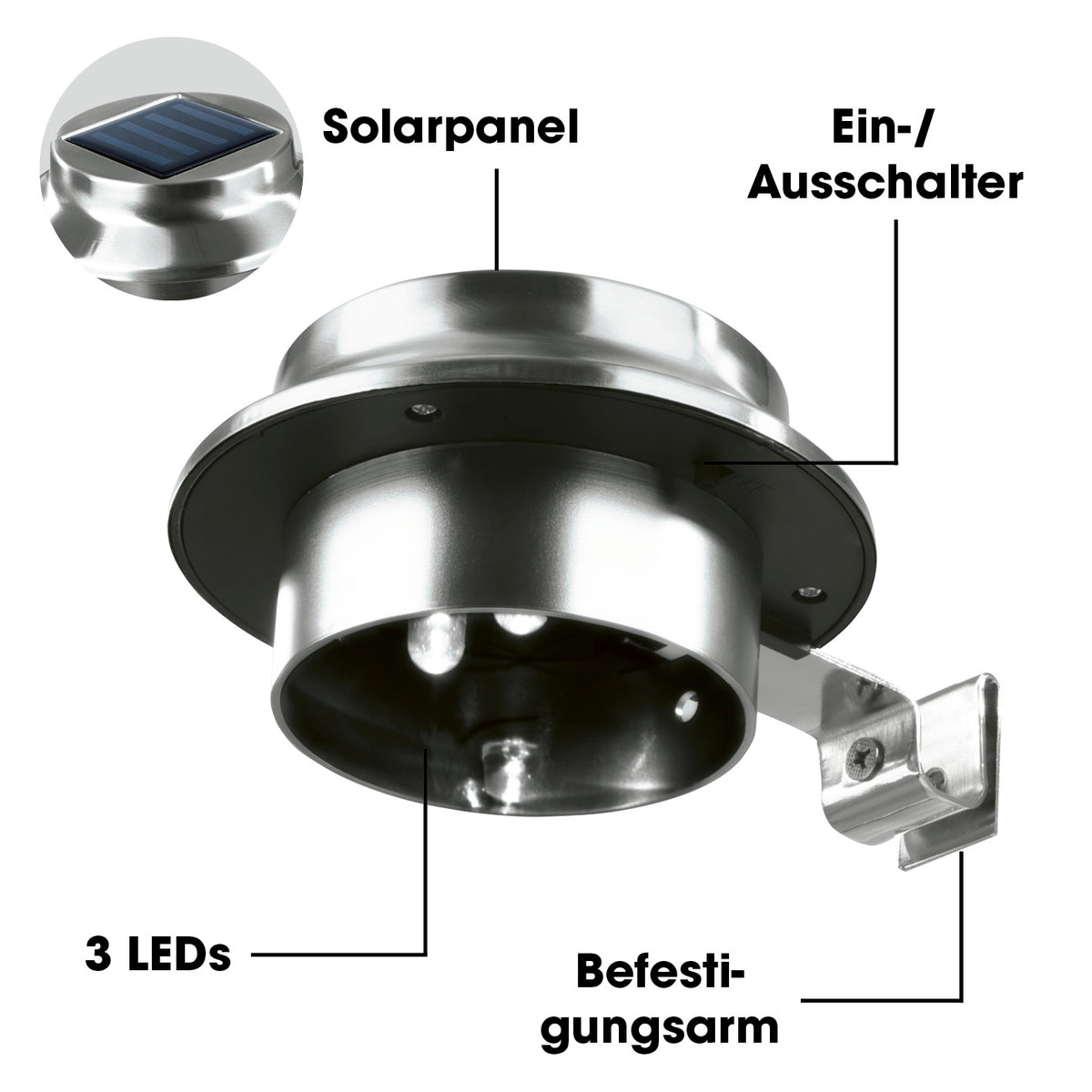Solar Dachrinnenleuchten in Edelstahl, 3er-Set mit Solarpanel, 3 LEDs, Ein-/Ausschalter und Befestigungsarm aus Edelstahl.