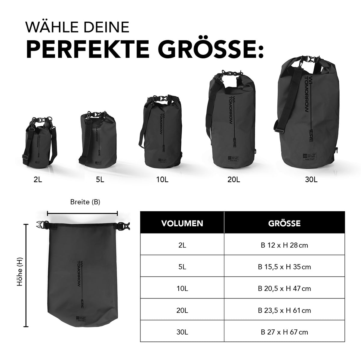 Dry Bag 2L - Style 02 - Schwarz, wasserdichter und robuster Outdoor-Rucksack mit Rolltop-Verschluss und verstellbarem Schultergurt.