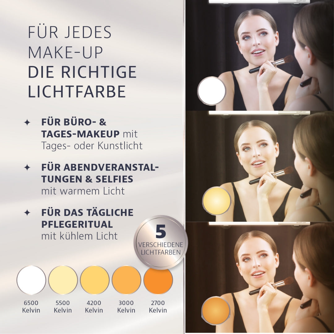 LED-Spiegelleuchte mit Akku von my BEAUTY LIGHT® mit 5 Lichtfarben für Make-up, kabellos und stufenlos dimmbar am Spiegel.