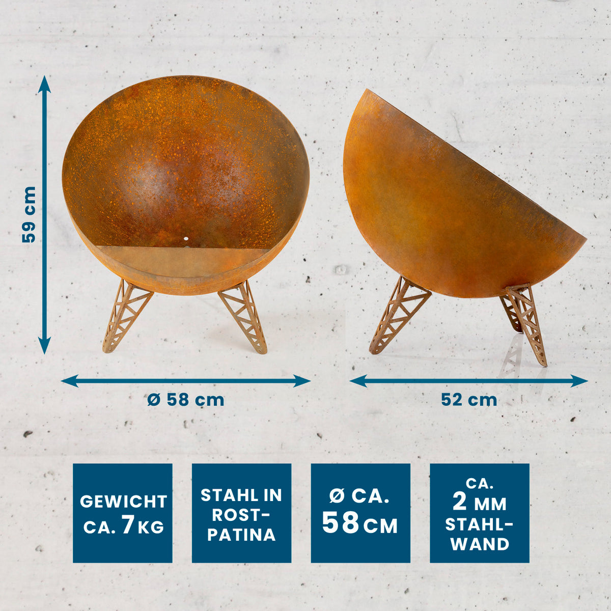 Feuerschale in Rost-Patina - Ø 58 cm, halbkugelig, 2 mm Stahlwand, rostiges Design, stabile 3-Fuß-Konstruktion für sicheren Stand.