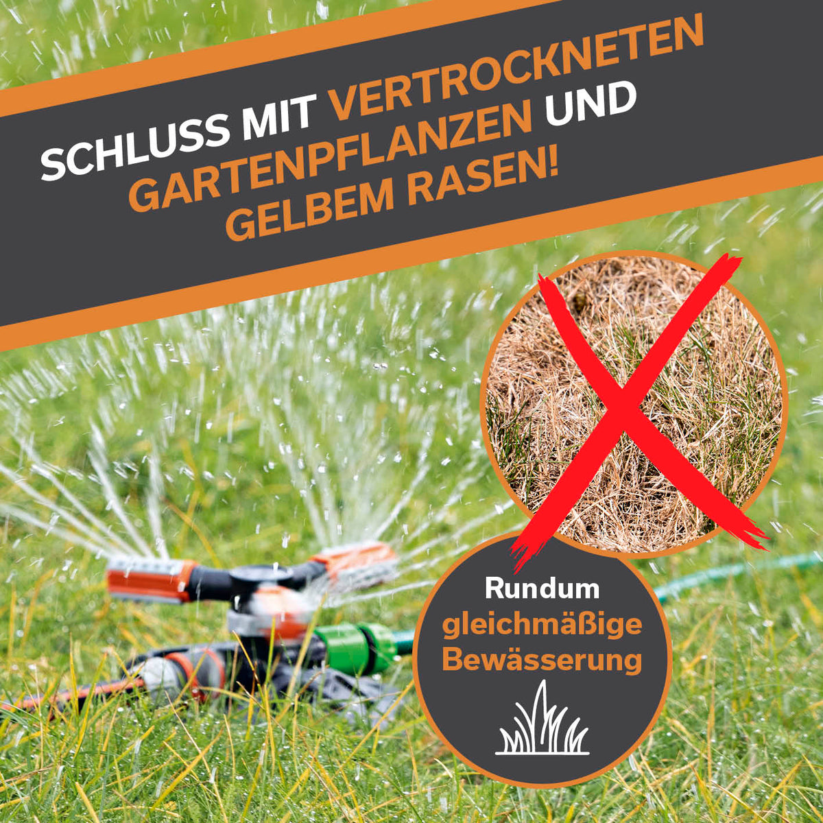 360°-Gartensprinkler - 2er-Set mit 3 rotierenden Sprüharmen für gleichmäßige Bewässerung großer Flächen bis zu 150 m².
