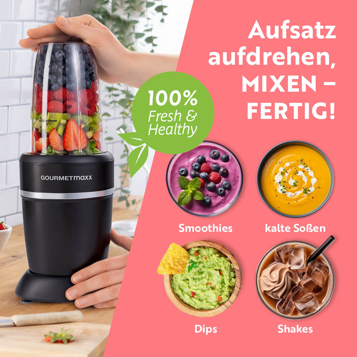 Nutrition Mixer Pro 1.000 mit Zubehörset L - Schwarz/Silber zeigt Mixer mit Früchten und fertigen Smoothies, Dips, Shakes.