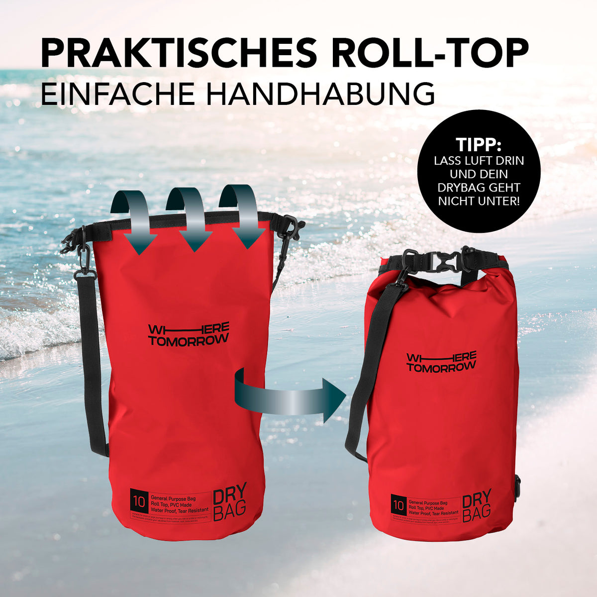 Dry Bag 10L - Style 01 - Rot mit praktischem Rolltop-Verschluss, wasserdicht und robust für Outdoor-Abenteuer.