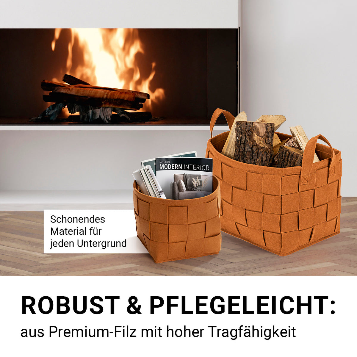 Filz-Aufbewahrungstasche M - 35 x 25 x 25 cm - Rost, robust, faltbar, mit Tragegriffen, schont Böden, vielseitig für Haushalt und Lagerung.