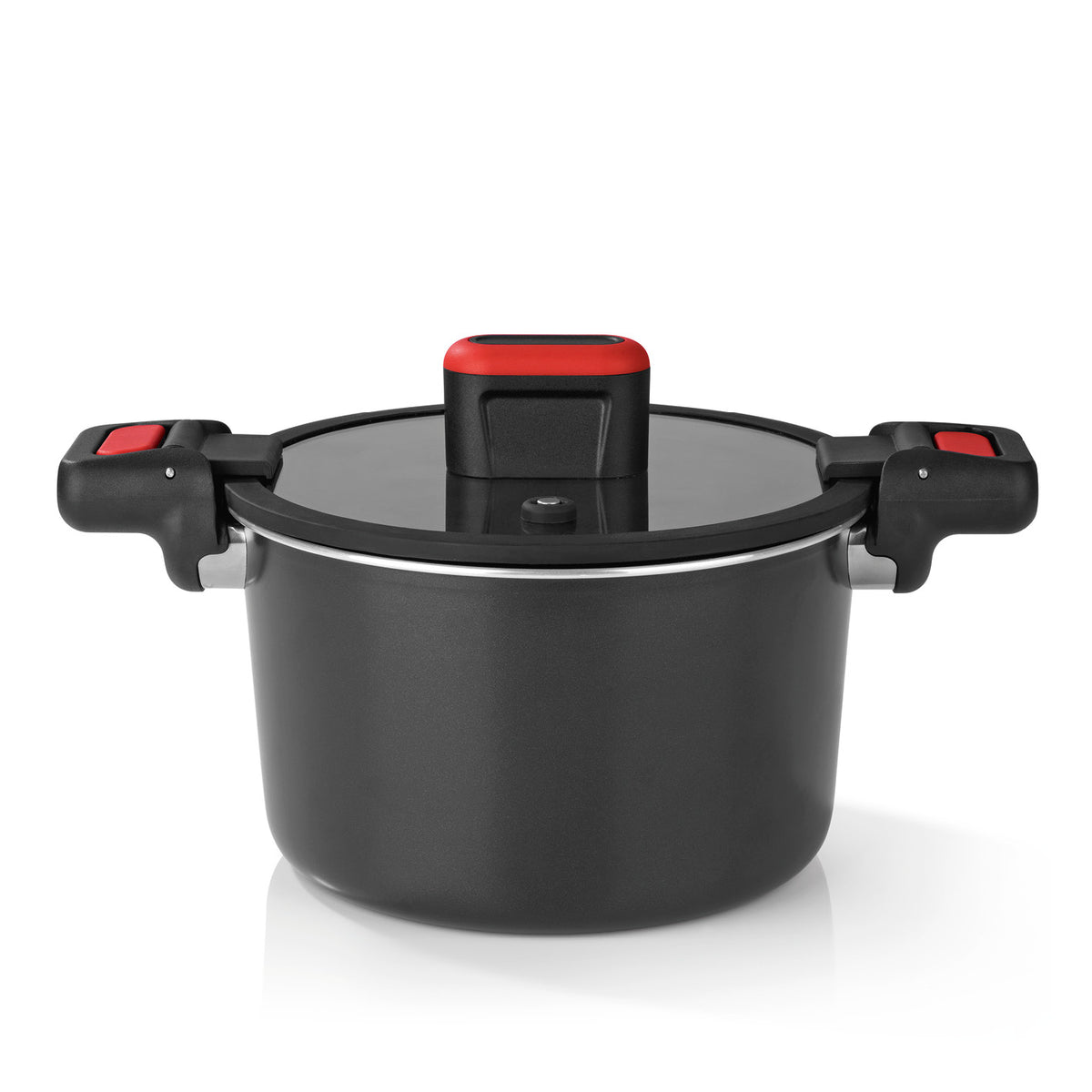 Energiespartopf Aluminium 5,8l schwarz/rot mit Antihaftbeschichtung, hitzebeständigen Griffen und energiesparendem Thermoboden.