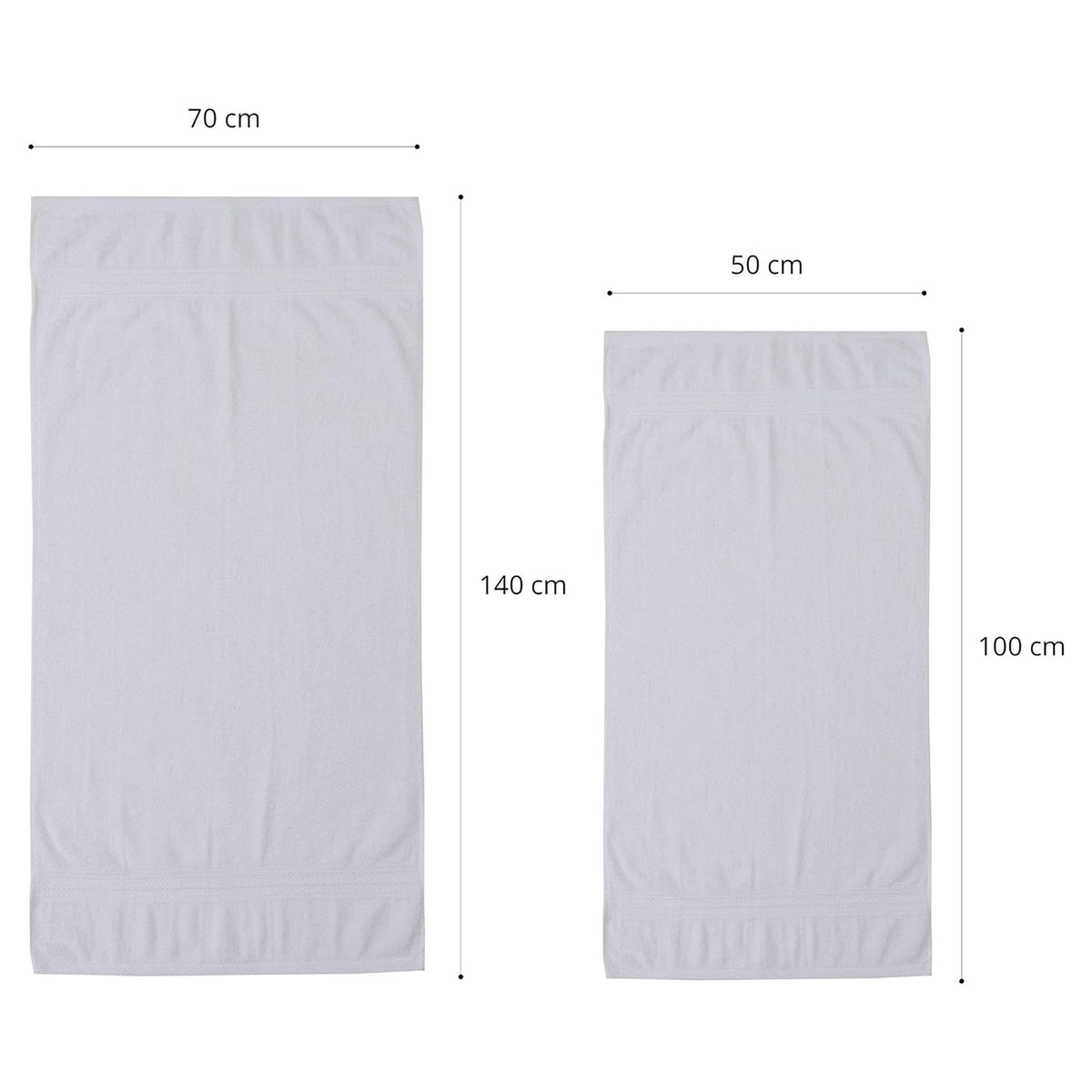 Premium Handtücher 6er-Set - 4 Handtücher 50 x 100 cm + 2 Badetücher 70 x 140 cm - Weiß, Maße der Handtücher auf weißem Hintergrund.