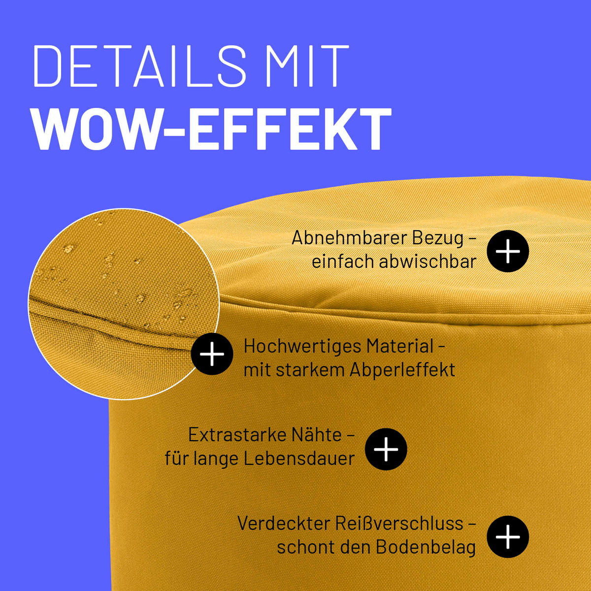 Sitzsack-Hocker/Pouf (50 L) - indoor & outdoor - Senfgelb mit abnehmbarem Bezug, starkem Abperleffekt und verdecktem Reißverschluss.