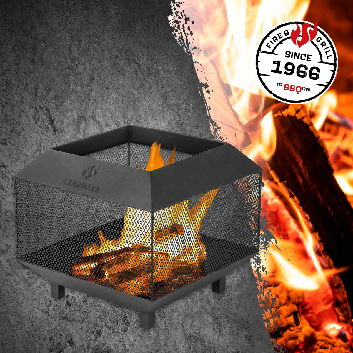 Feuerkorb Cube aus pulverbeschichtetem Stahl mit Netzd Design, Funkenschutz und stabilem Stand für Garten und Terrasse.