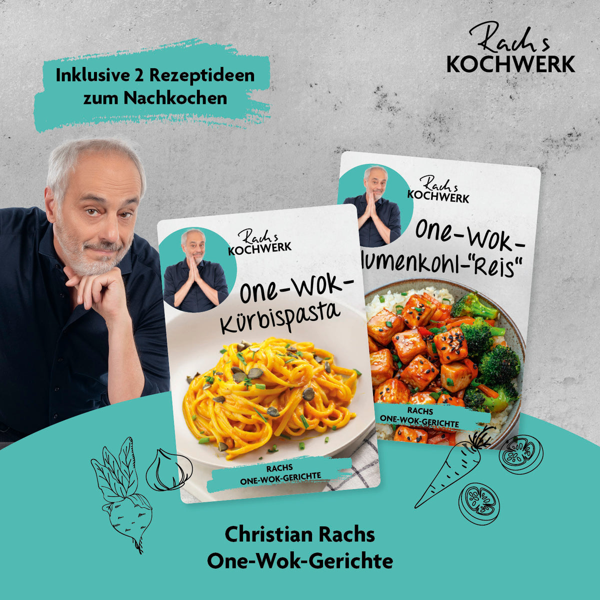 Wok-Pfanne mit Wabenstruktur Ø 28 cm zeigt Rezeptideen von Christian Rach für gesunde und leckere One-Wok-Gerichte.