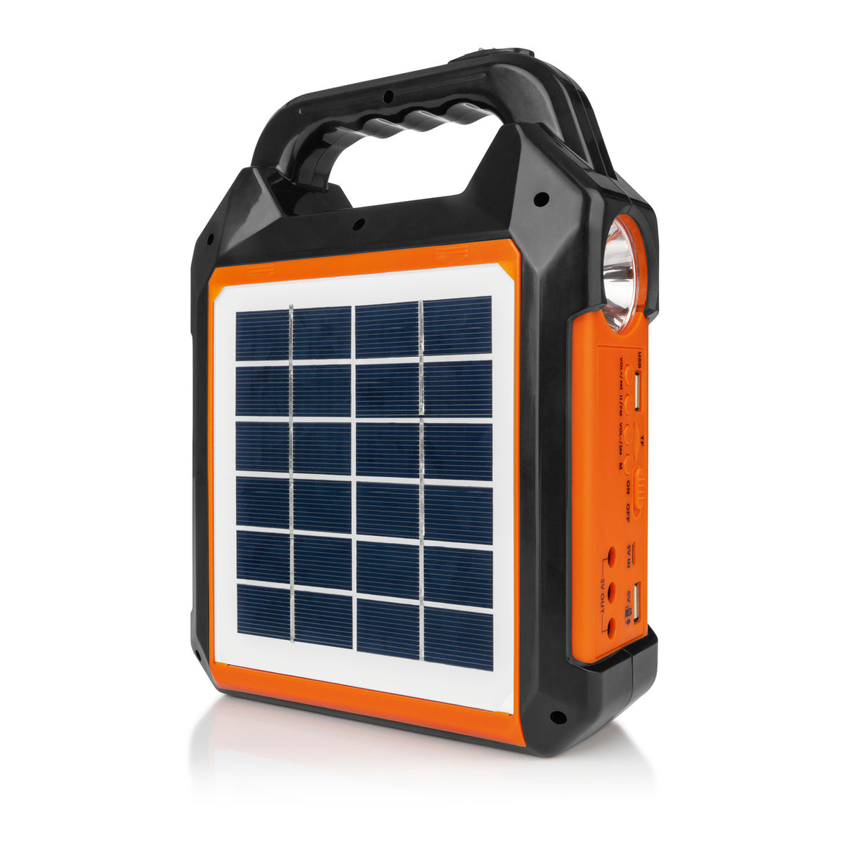 Solar-Generator Kit 10000mAh mit Solarpanel, integriertem FM-Radio, Lautsprecher, Taschenlampe und LED-Leuchten für mobile Stromversorgung.