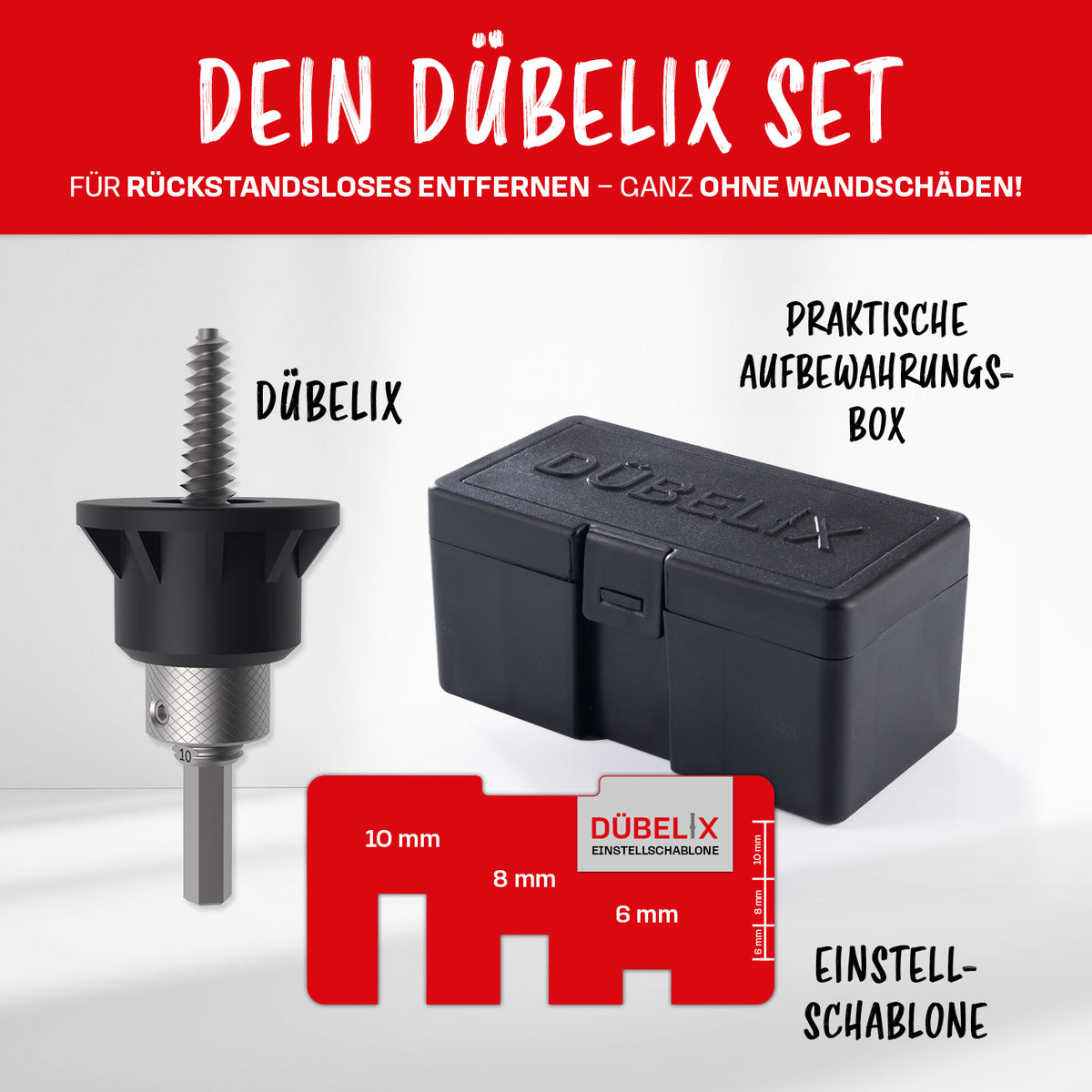 Dübelentferner inkl. Einstellschablone von Dübelix mit Aufbewahrungsbox für rückstandsloses Dübelentfernen ohne Wandschäden.