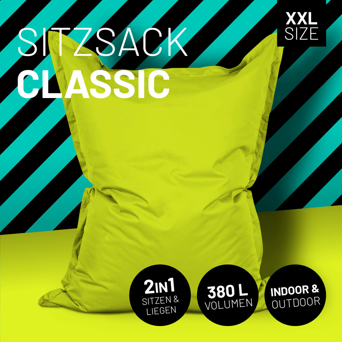 Sitzsack Classic XXL (380 L) Apfelgrün, 2in1 Sitzen & Liegen, Indoor & Outdoor, großes Volumen, langlebig mit verdecktem Reißverschluss.