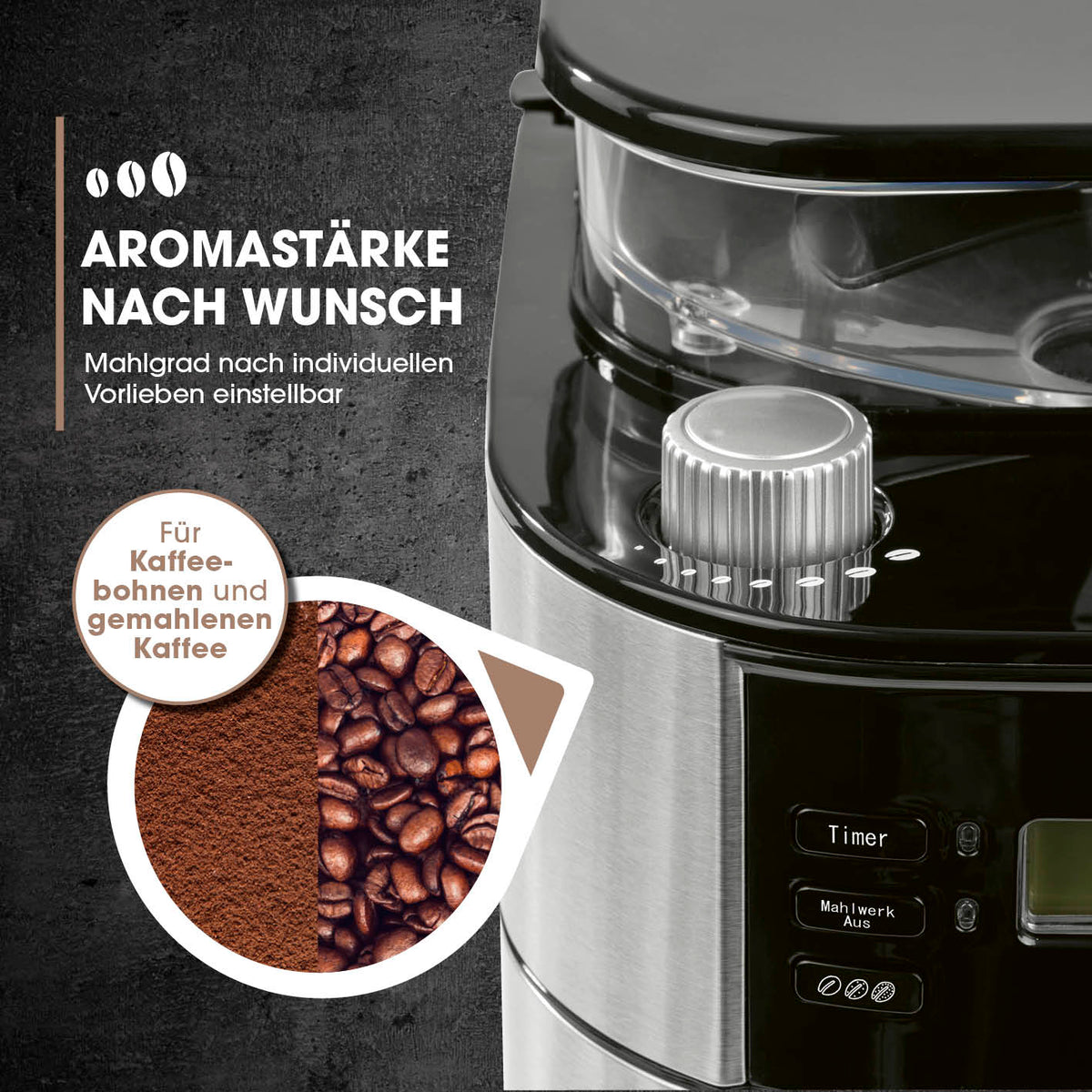 Kaffeemaschine mit Mahlwerk mit Isolierkanne - 1000 Watt, Edelstahl/schwarz, einstellbare Aromastärke und Mahlgrad für Kaffeebohnen und gemahlenen Kaffee.