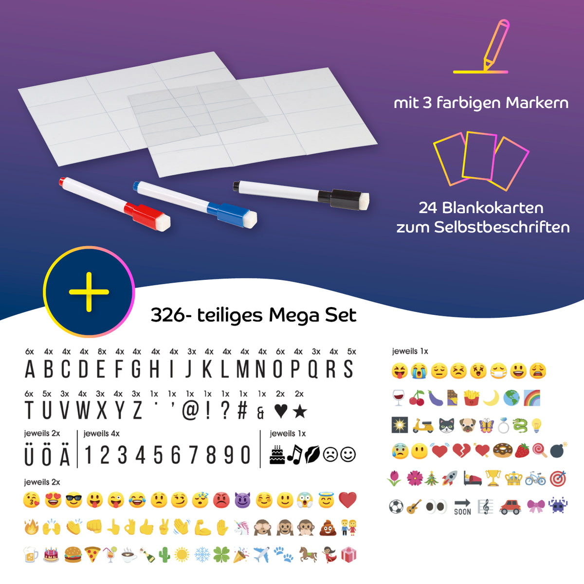 LED-Leuchtkasten A3 mit 173 Buchstaben, Zahlen, Zeichen, 150 bunten Mood Pics, 3 Markern und 24 Blankokarten zum Selberbeschriften.
