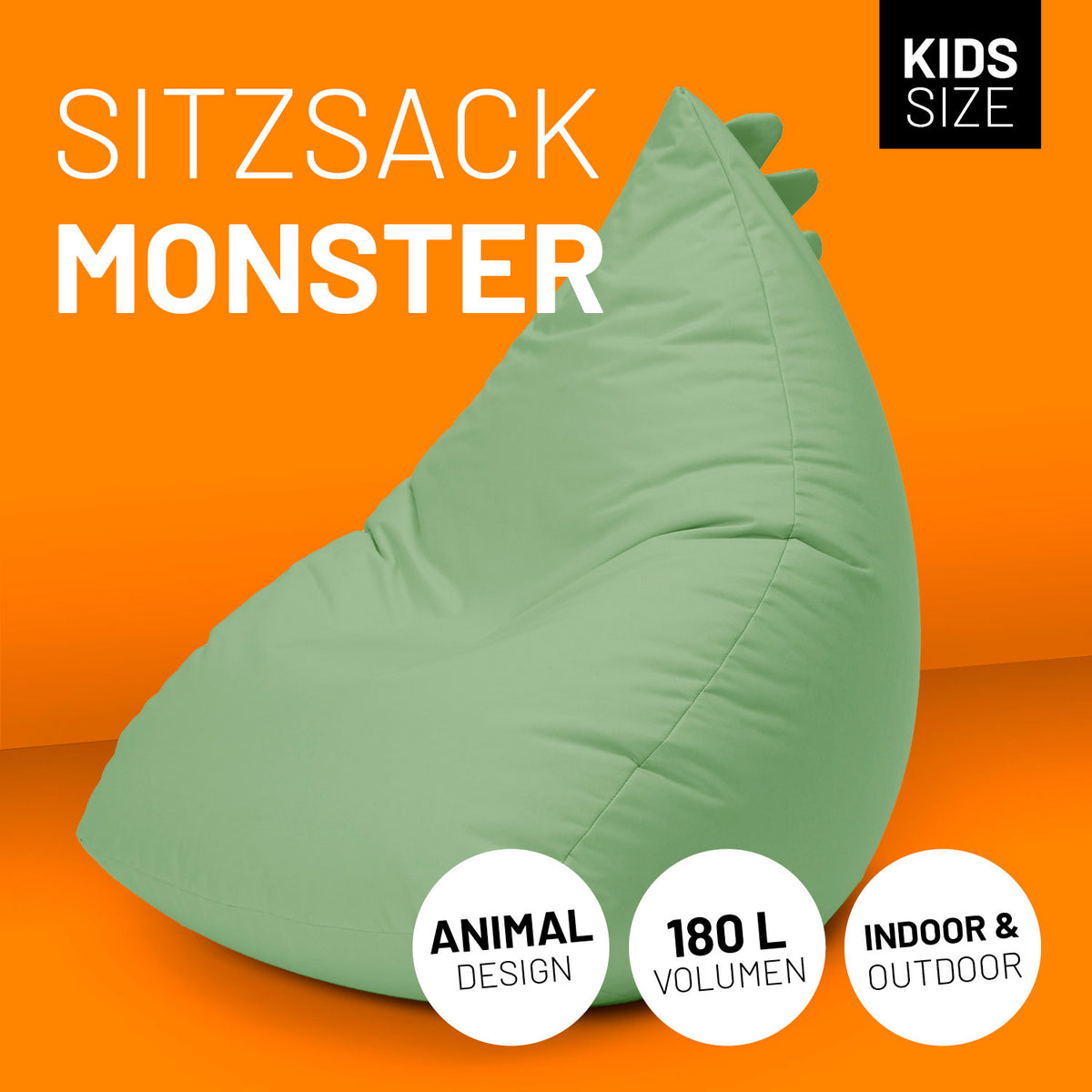 Kindersitzsack Animal Line Monster (180 L) Pastell Grün, kuschelig, wasserabweisend, indoor & outdoor, robust, kindgerecht, LUMALAND Qualität.