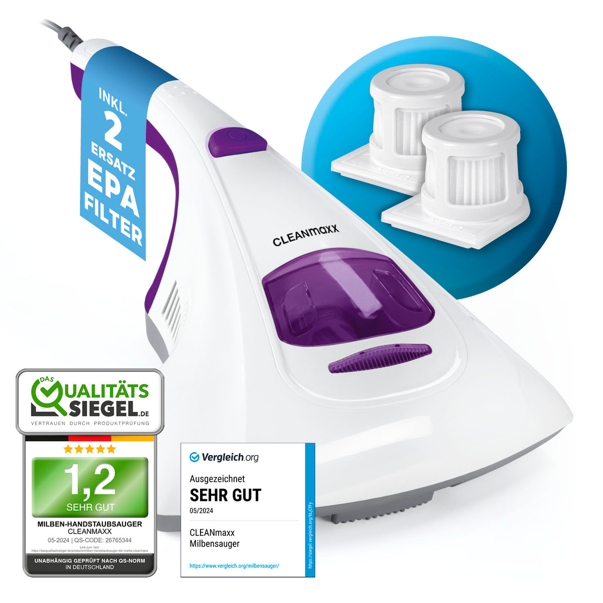 Milbensauger Vibration - Weiß/Lila mit 2 Ersatz-EPA-Filtern, UV-C-Licht und starker Saugkraft für saubere Heimtextilien.